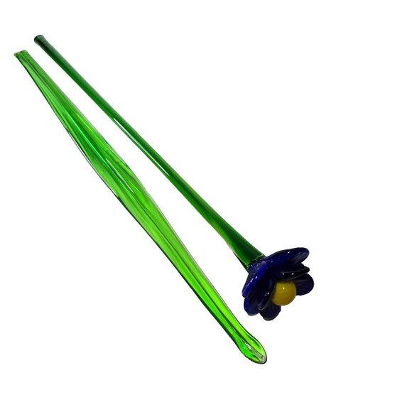 Art Glass Flower Hand Blown Dark Blue Yellow Long Green Stem Flower With Leaf - Picture 3 of 16